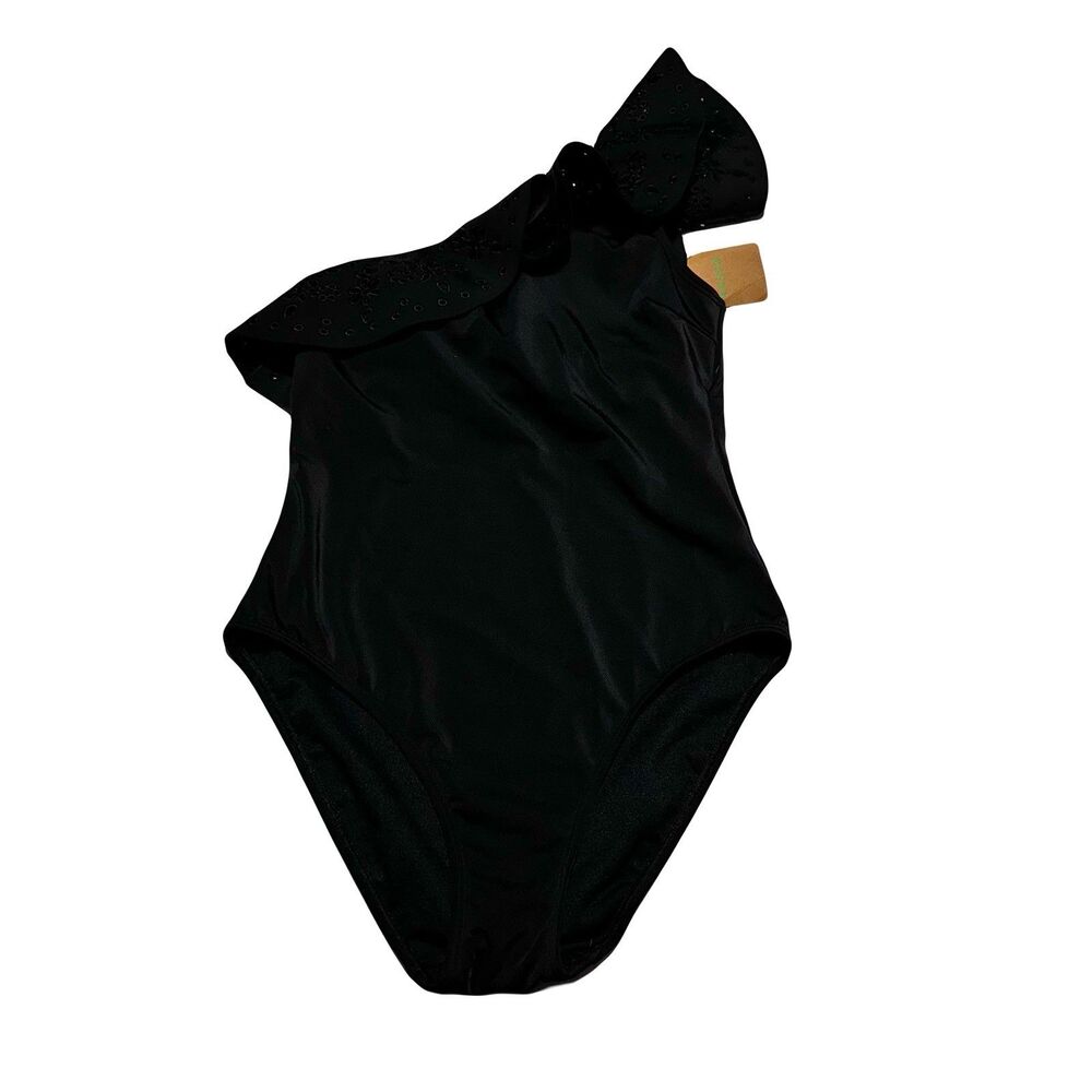 Boden Black One Shoulder One-piece Swimsuit US Size 6 Eyelet Ruffle NWOT